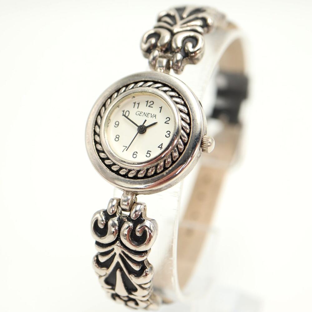 Vintage Geneva Silver Tone Patina 26mm Womens Watch Victorian w New Battery